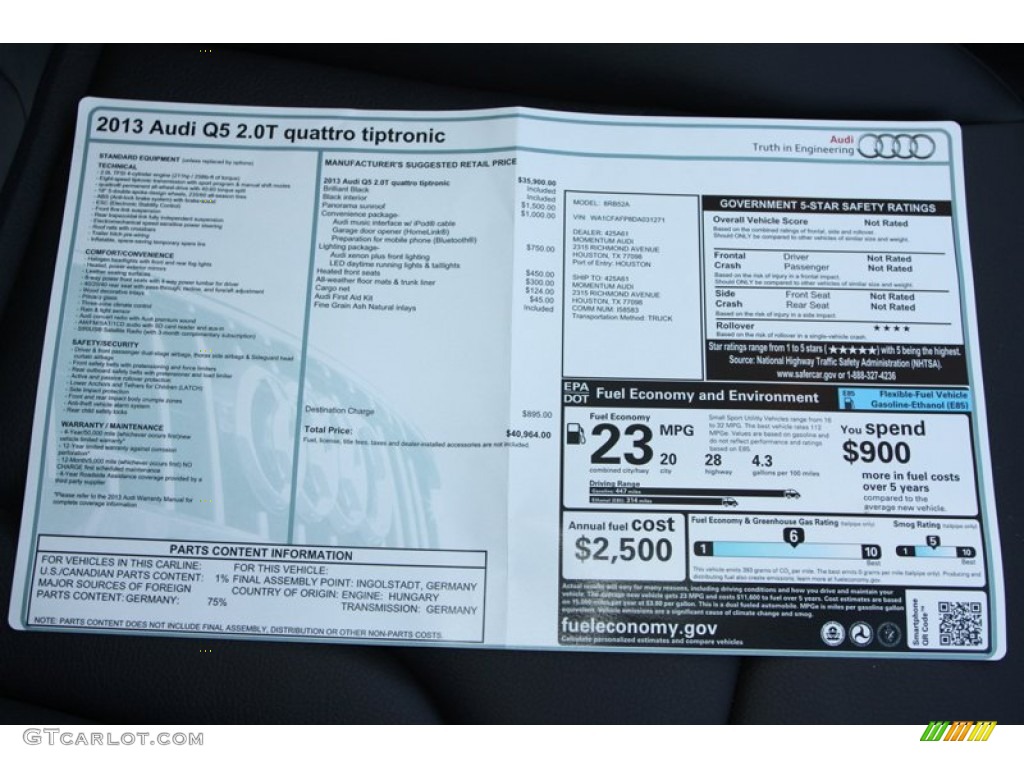 2013 Audi Q5 2.0 TFSI quattro Window Sticker Photo #74918470