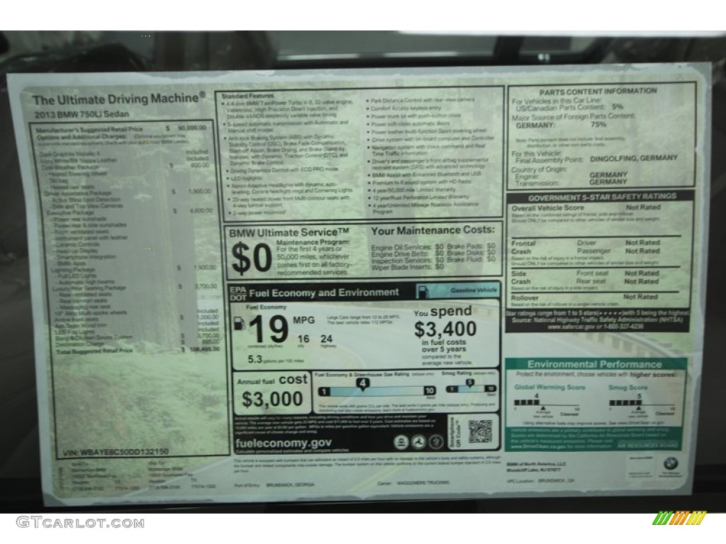 2013 BMW 7 Series 750Li Sedan Window Sticker Photo #74926310