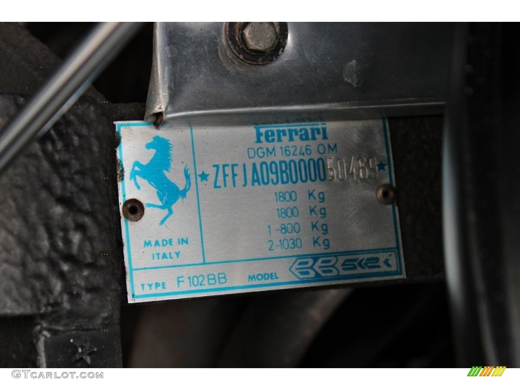 1984 Ferrari BB 512i Standard BB 512i Model Info Tag Photo #74929564