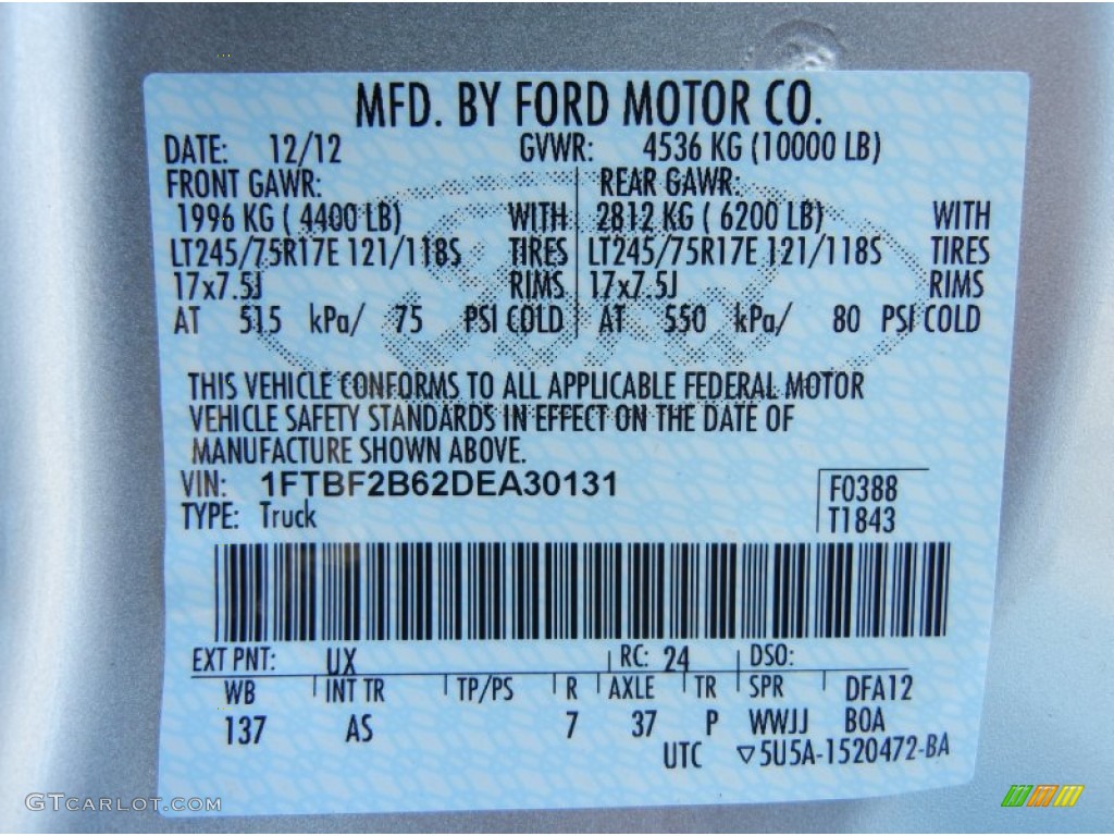 2013 F250 Super Duty Color Code UX for Ingot Silver Metallic Photo #74933887