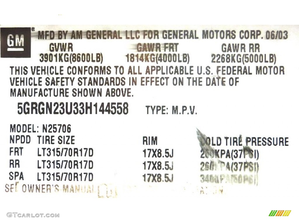 2003 Hummer H2 SUV Info Tag Photo #74953678