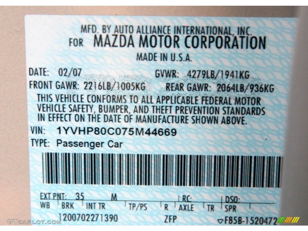 2007 MAZDA6 Color Code 35M for Smokestone Photo #74967341