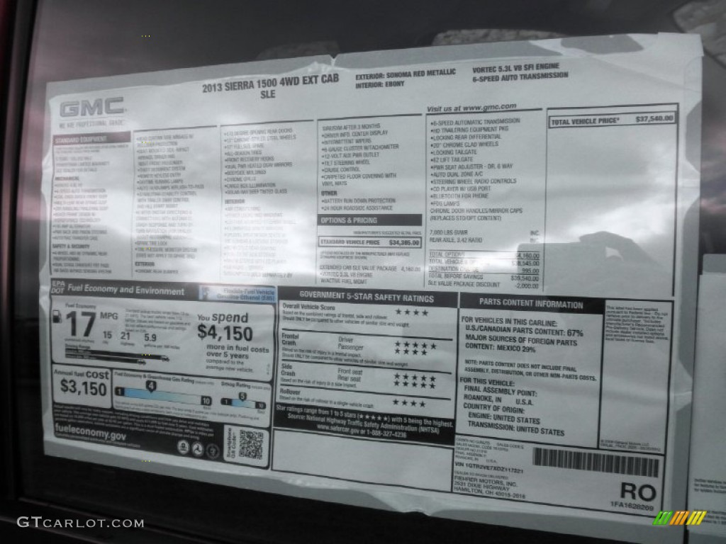 2013 GMC Sierra 1500 SLE Extended Cab 4x4 Window Sticker Photo #74970376