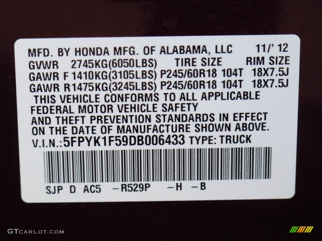 2013 Ridgeline Color Code R529P for Dark Cherry Pearl Photo #74988625