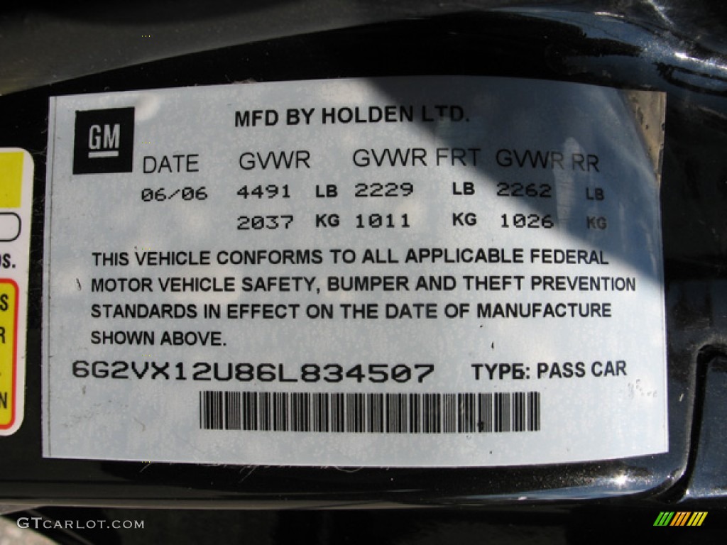 2006 Pontiac GTO Coupe Info Tag Photo #74989717