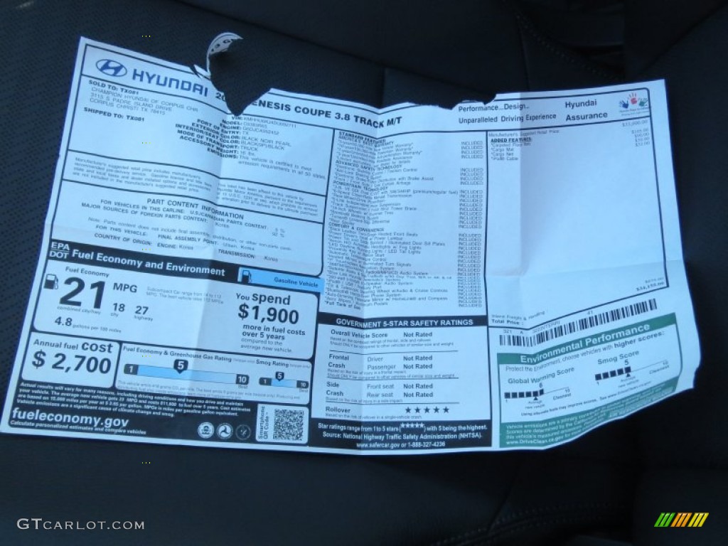 2013 Hyundai Genesis Coupe 3.8 Track Window Sticker Photo #74995373