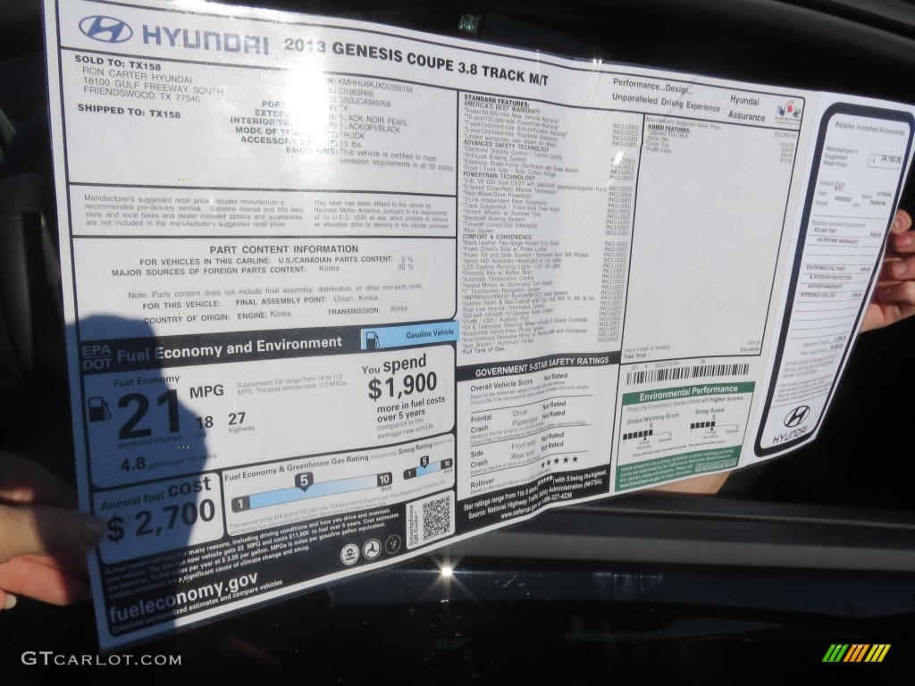 2013 Hyundai Genesis Coupe 3.8 Track Window Sticker Photo #74998096