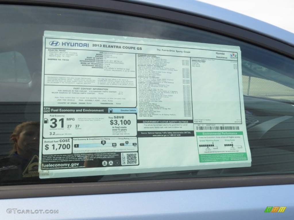 2013 Hyundai Elantra Coupe GS Window Sticker Photo #74998816