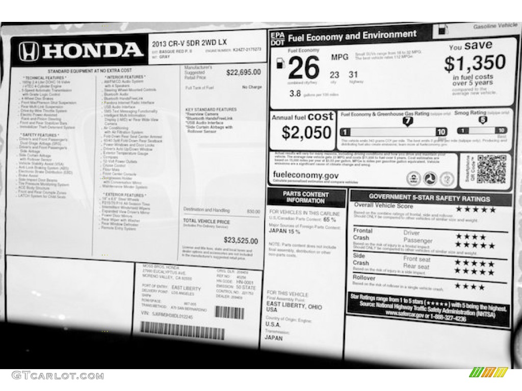 2013 Honda CR-V LX Window Sticker Photo #75014854