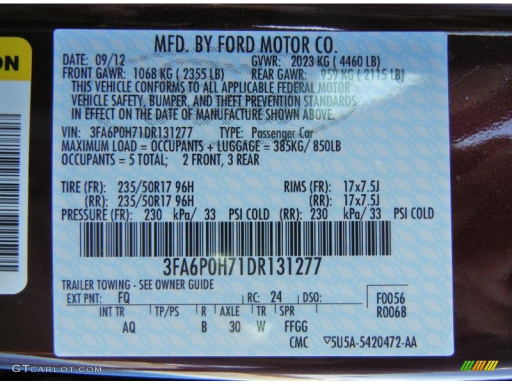 2013 Ford Fusion SE Color Code Photos