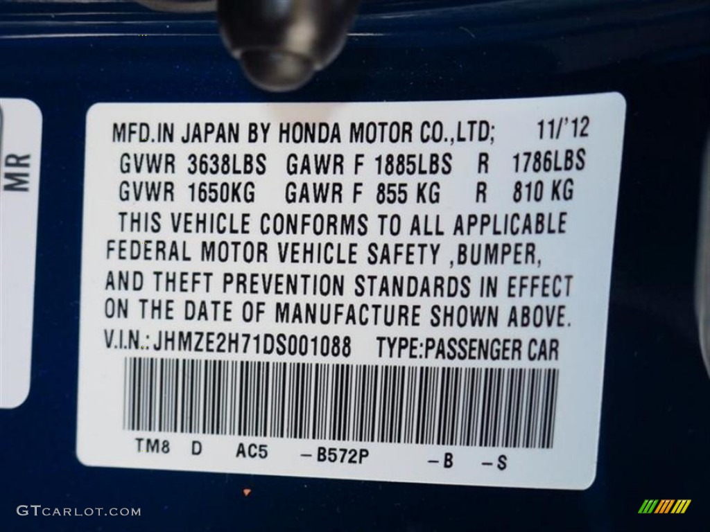 2013 Insight Color Code B572P for Mediterranean Blue Metallic Photo #75027053