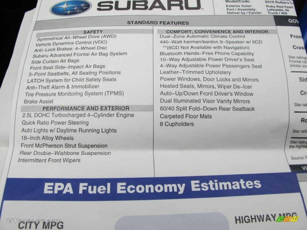 2010 Subaru Legacy 2.5 GT Limited Sedan Window Sticker Photo #75027221