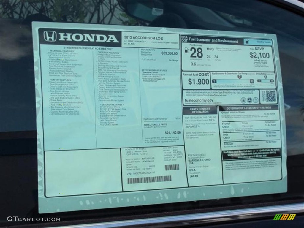2013 Honda Accord LX-S Coupe Window Sticker Photo #75029207