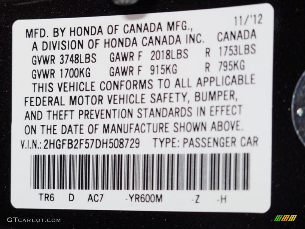 2013 Civic Color Code YR600M for Kona Coffee Metallic Photo #75085281