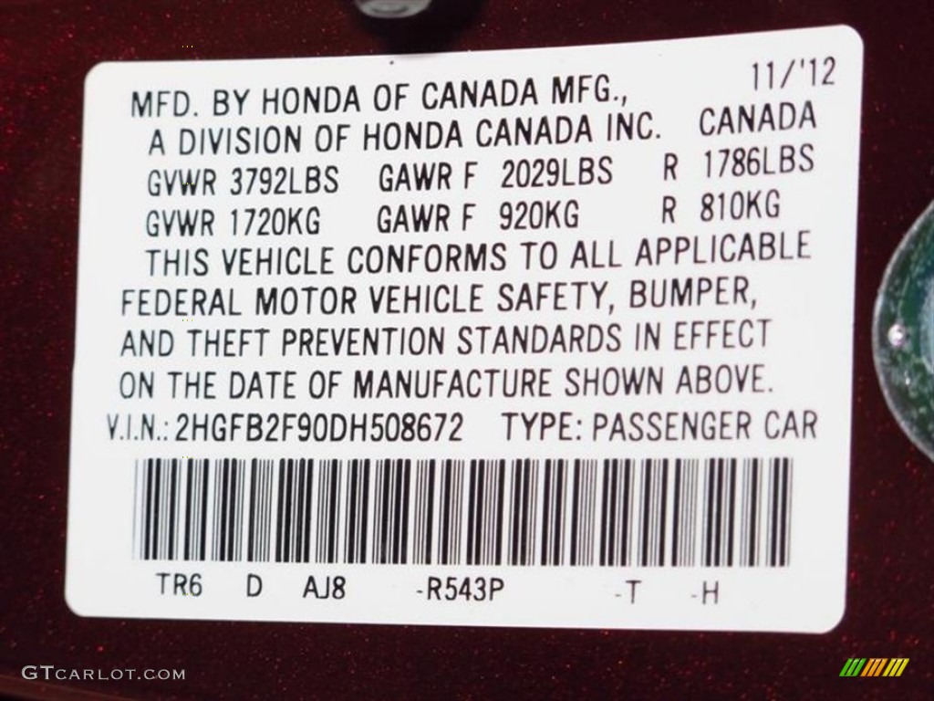 2013 Civic Color Code R543P for Crimson Red Pearl Photo #75085553