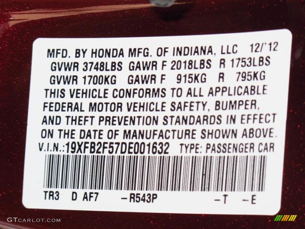 2013 Civic Color Code R543P for Crimson Red Pearl Photo #75088440