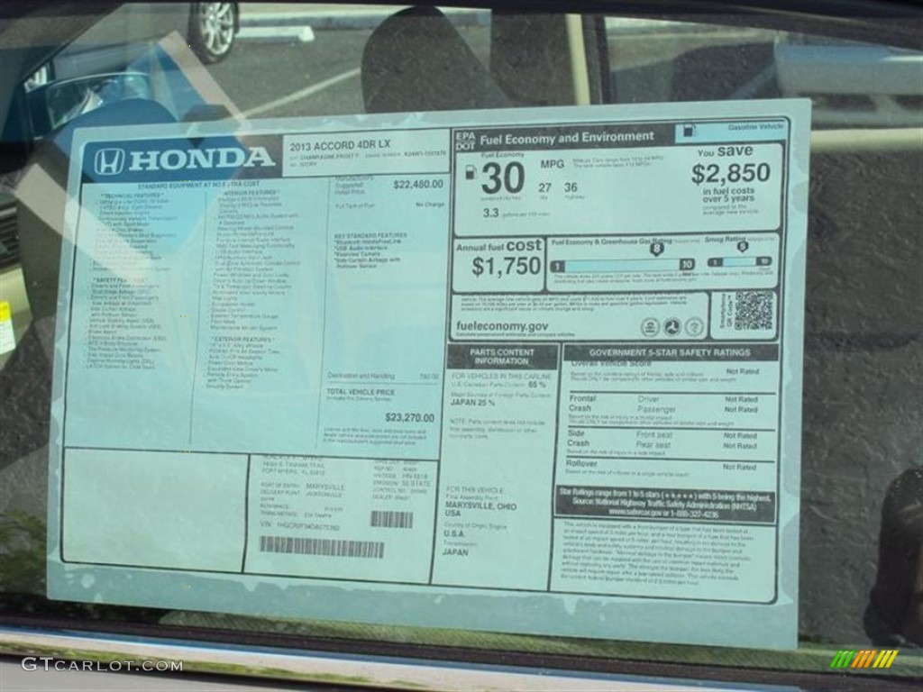 2013 Honda Accord LX Sedan Window Sticker Photo #75090549