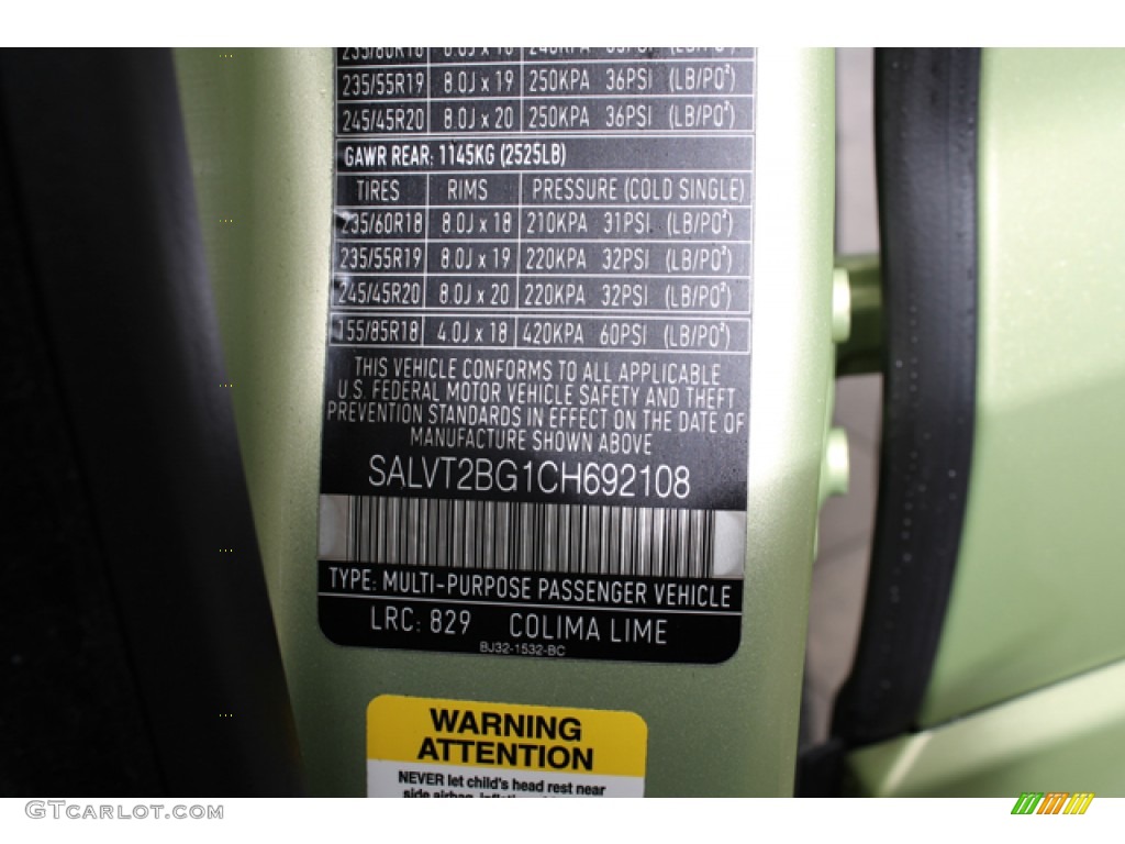 2012 Range Rover Evoque Color Code 829 for Colima Lime Metallic Photo #75116367