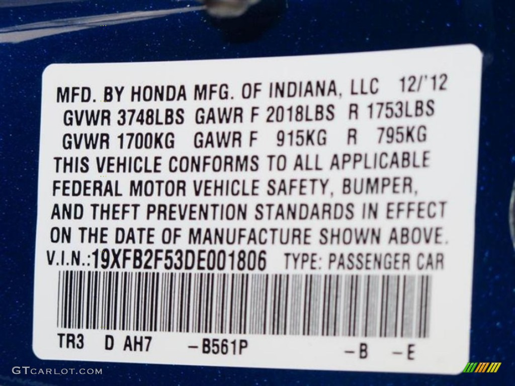 2013 Civic Color Code B561P for Dyno Blue Pearl Photo #75136812