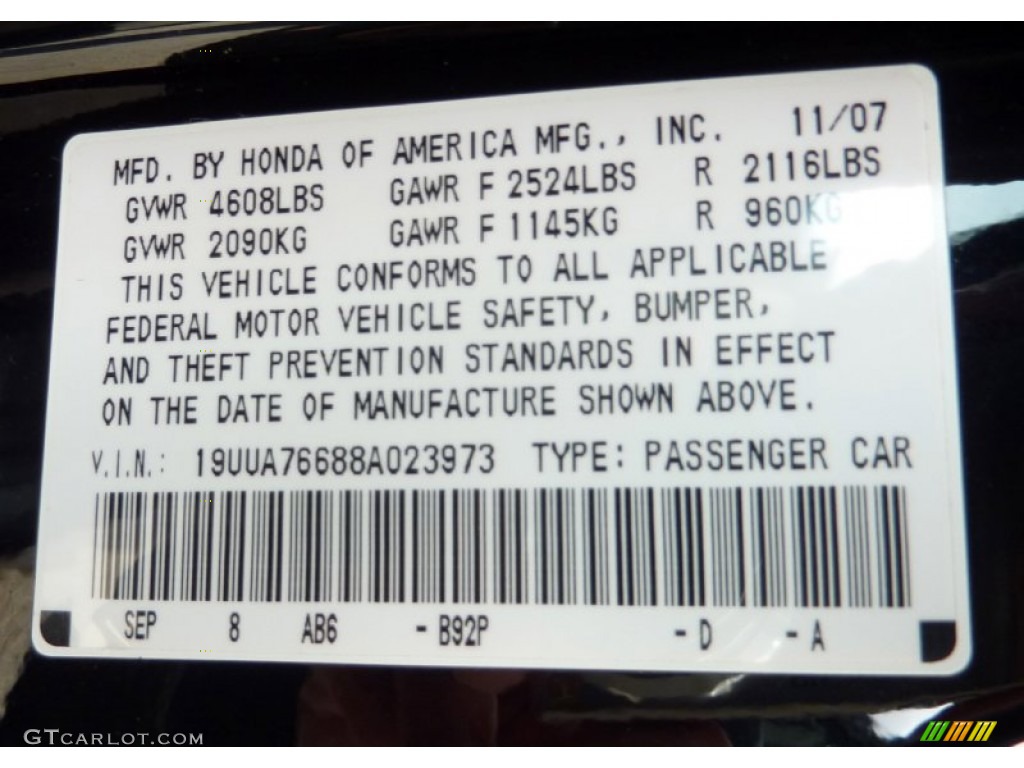 2008 TL Color Code B92P for Nighthawk Black Pearl Photo #75141240