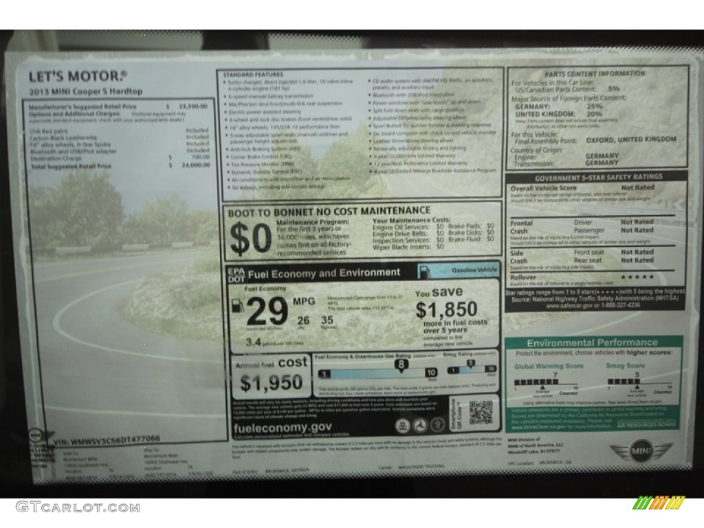 2013 Mini Cooper S Hardtop Window Sticker Photo #75153820