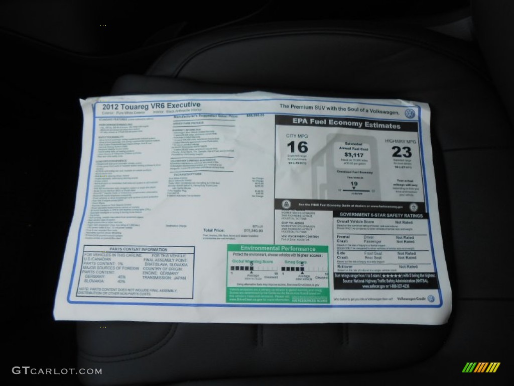 2012 Volkswagen Touareg VR6 FSI Executive 4XMotion Window Sticker Photos