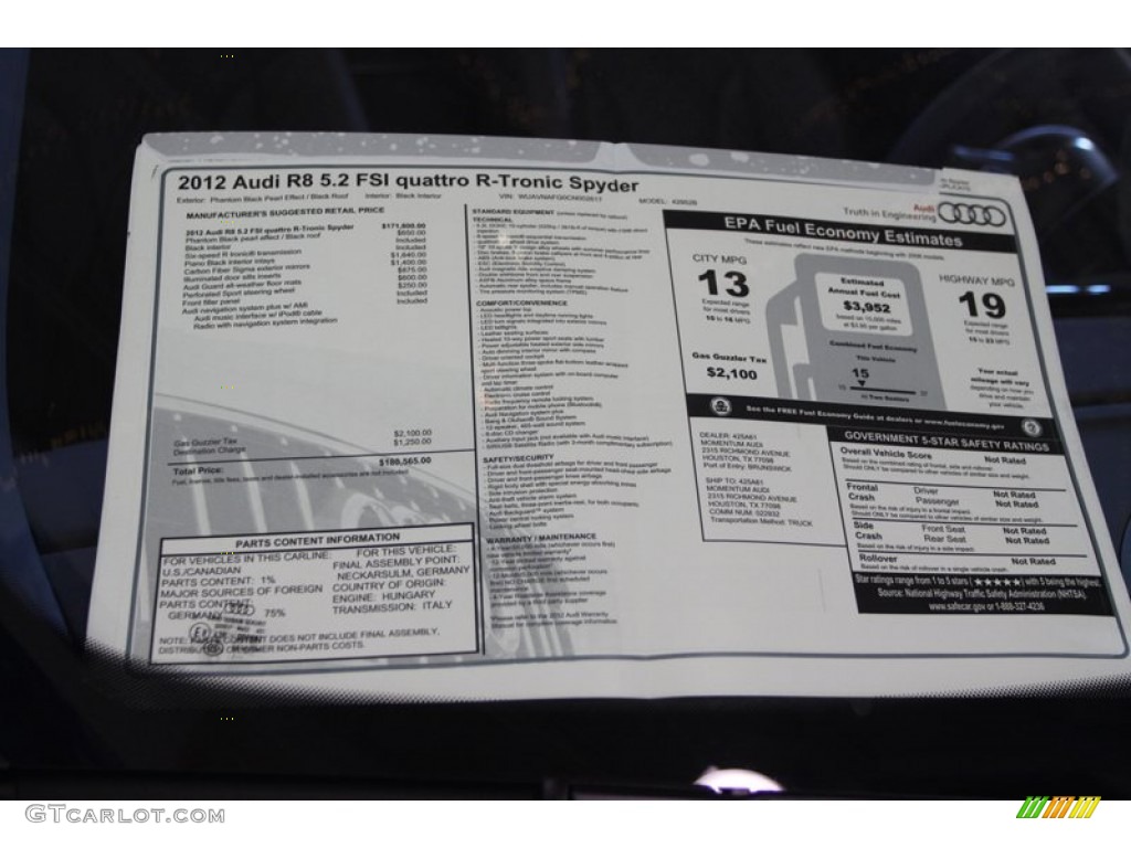 2012 Audi R8 Spyder 5.2 FSI quattro Window Sticker Photo #75157186