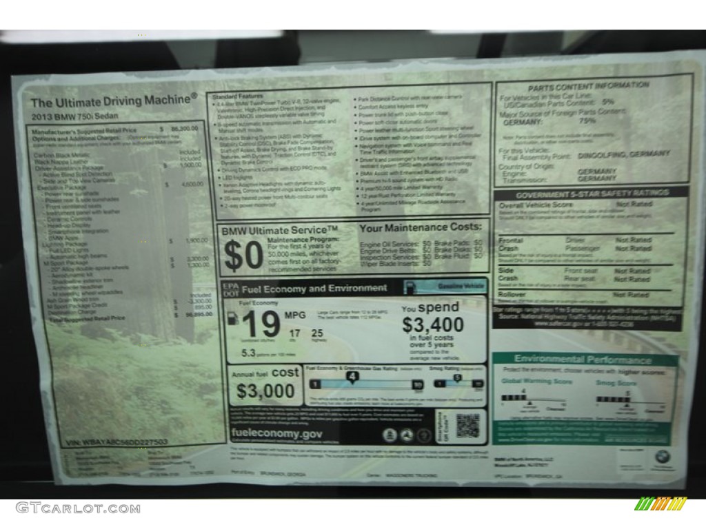 2013 BMW 7 Series 750i Sedan Window Sticker Photo #75172373