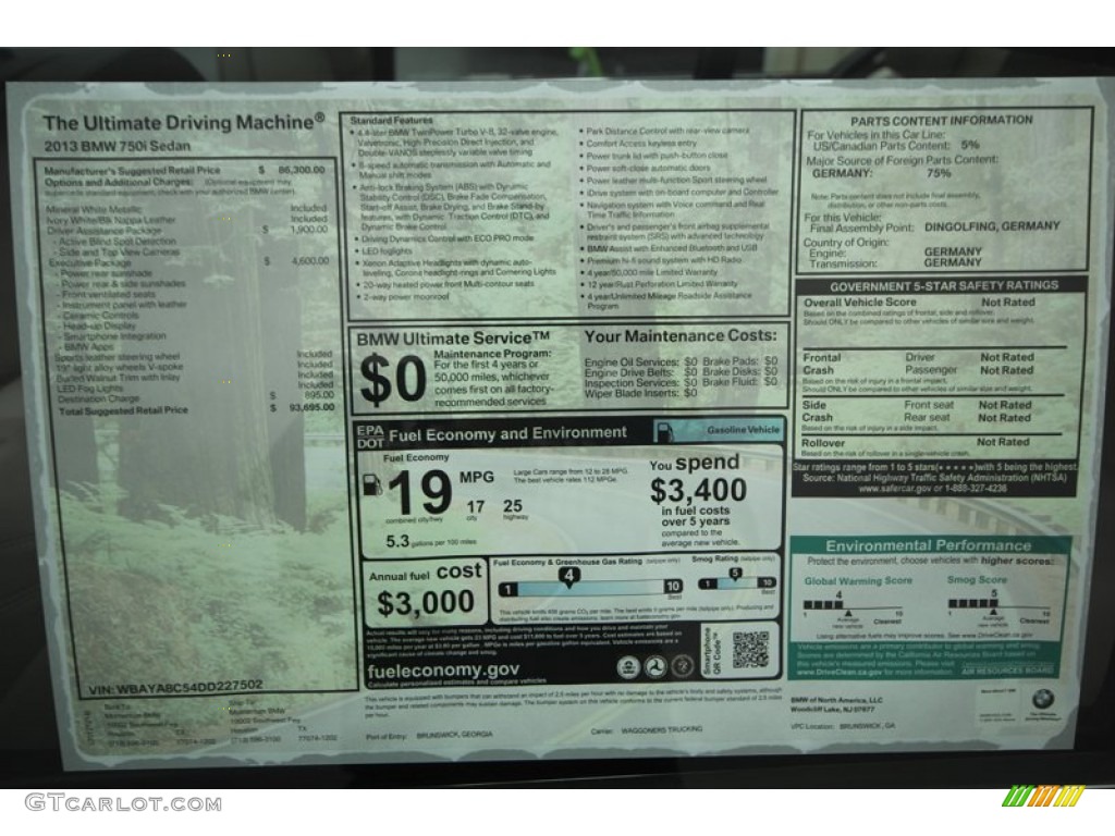 2013 BMW 7 Series 750i Sedan Window Sticker Photo #75172868