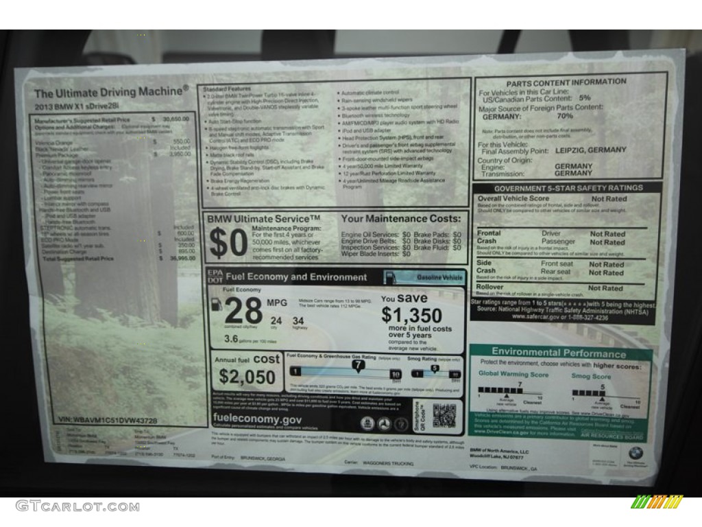 2013 BMW X1 sDrive 28i Window Sticker Photo #75191408