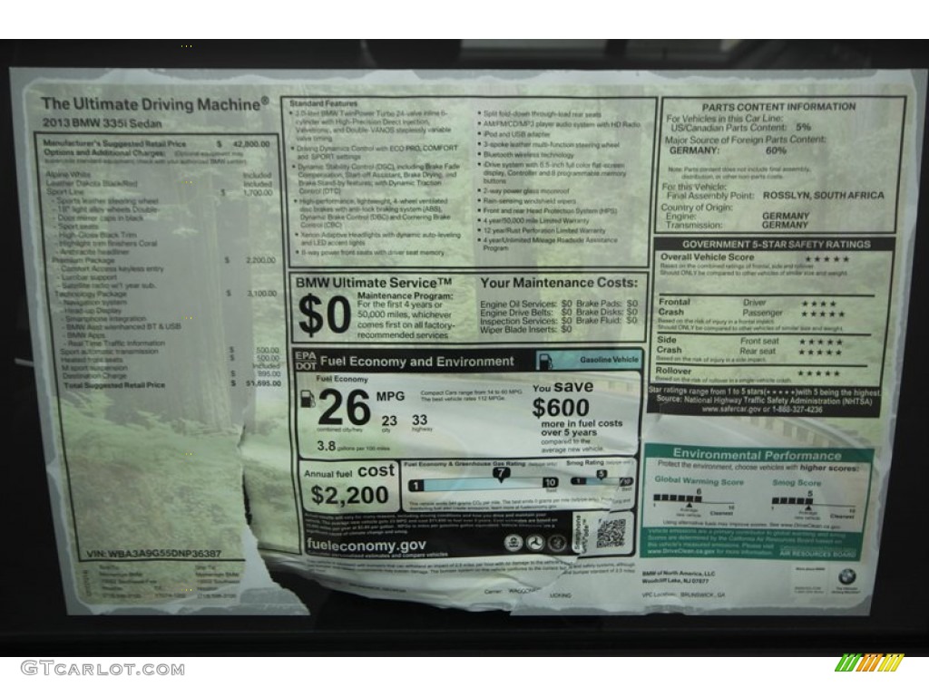 2013 BMW 3 Series 335i Sedan Window Sticker Photo #75192032