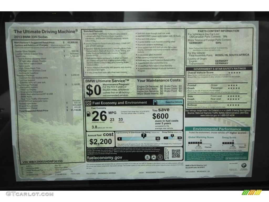 2013 BMW 3 Series 335i Sedan Window Sticker Photo #75192362