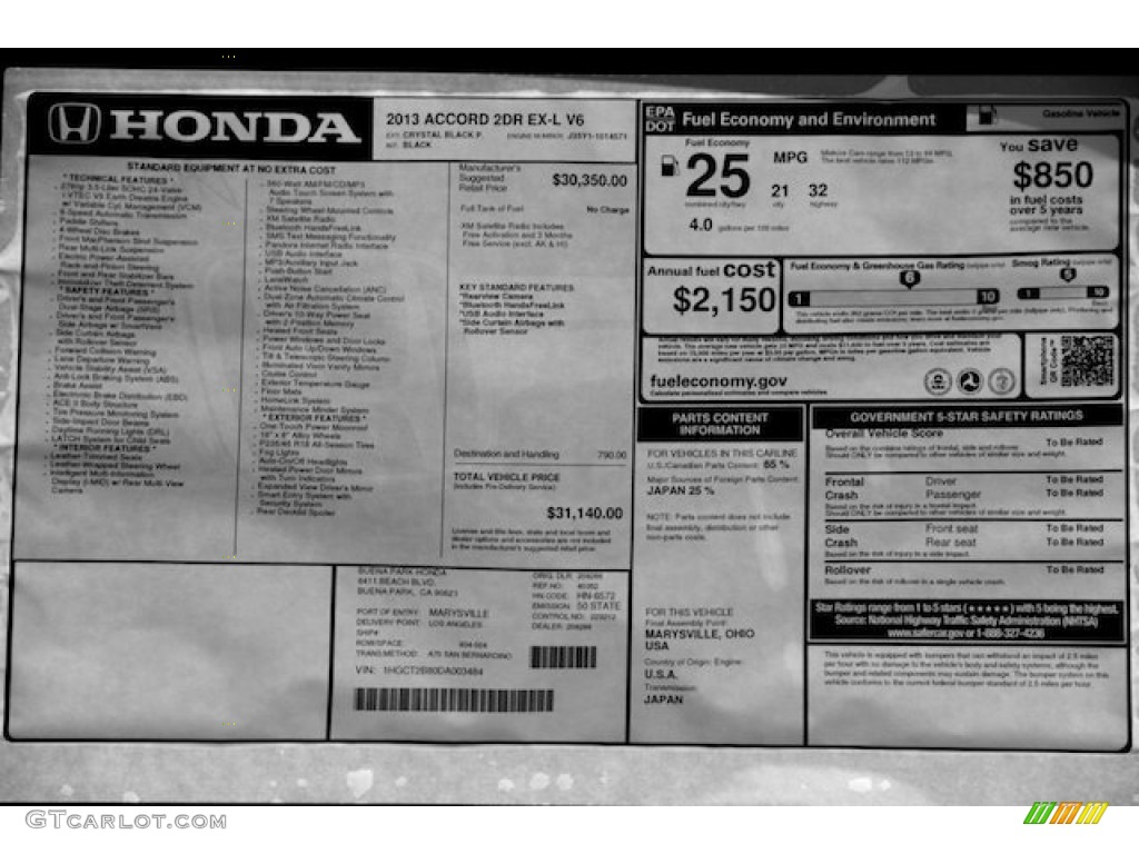 2013 Honda Accord EX-L V6 Coupe Window Sticker Photo #75202869