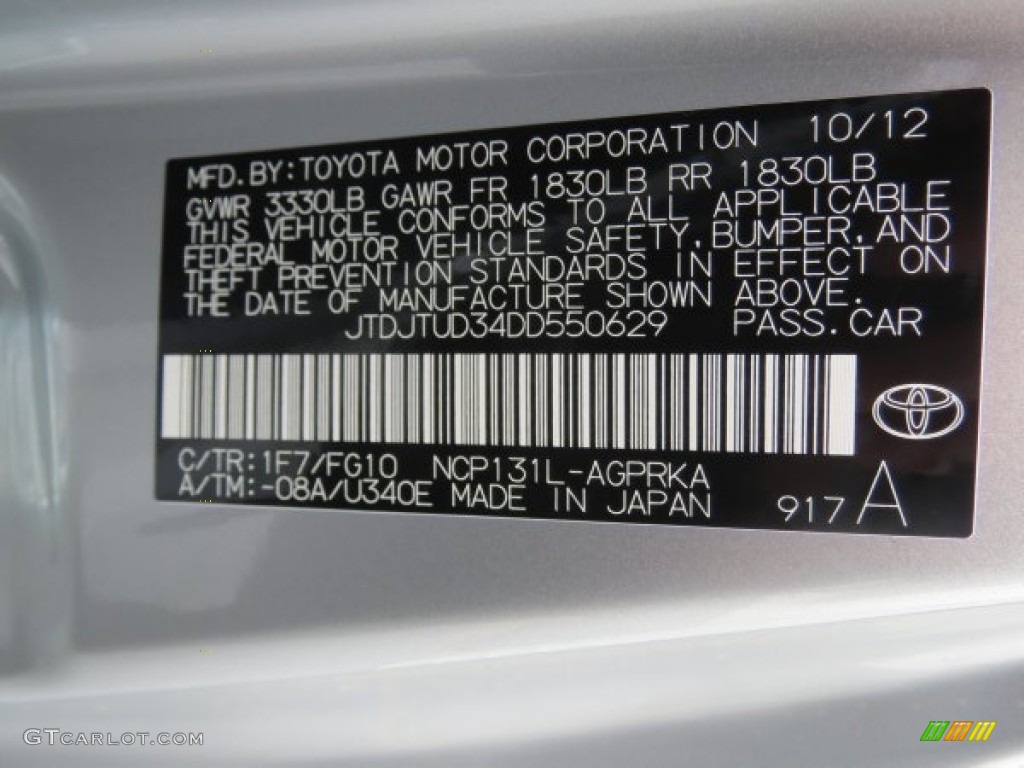 2013 Yaris Color Code 1F7 for Classic Silver Metallic Photo #75209601