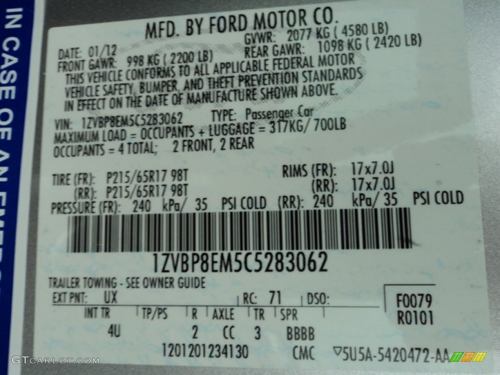 2012 Mustang Color Code UX for Ingot Silver Metallic Photo #75211725
