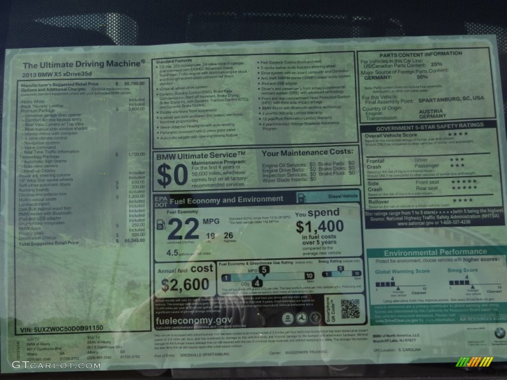 2013 BMW X5 xDrive 35d Window Sticker Photo #75217786