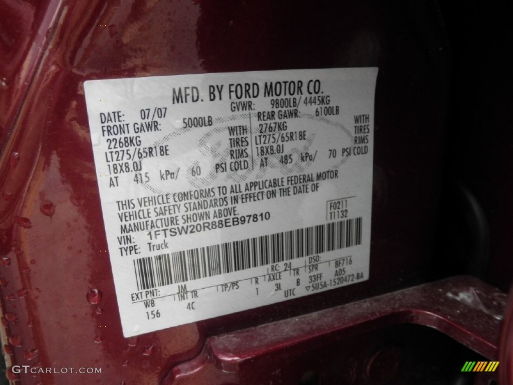 2008 F250 Super Duty Color Code JM for Dark Toreador Red Photo #75227983