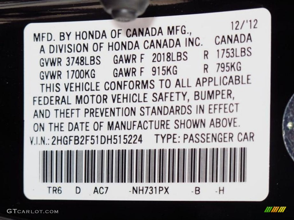 2013 Civic Color Code NH731PX for Crystal Black Pearl Photo #75234651