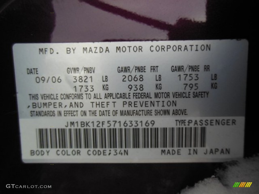 2007 MAZDA3 Color Code 34N for Phantom Purple Mica Photo #75240808