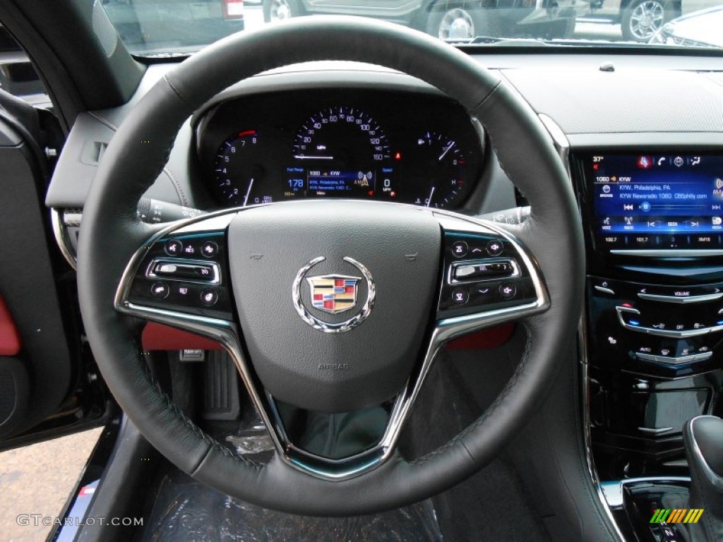 2013 Cadillac ATS 2.0L Turbo Luxury Morello Red/Jet Black Accents Steering Wheel Photo #75264207