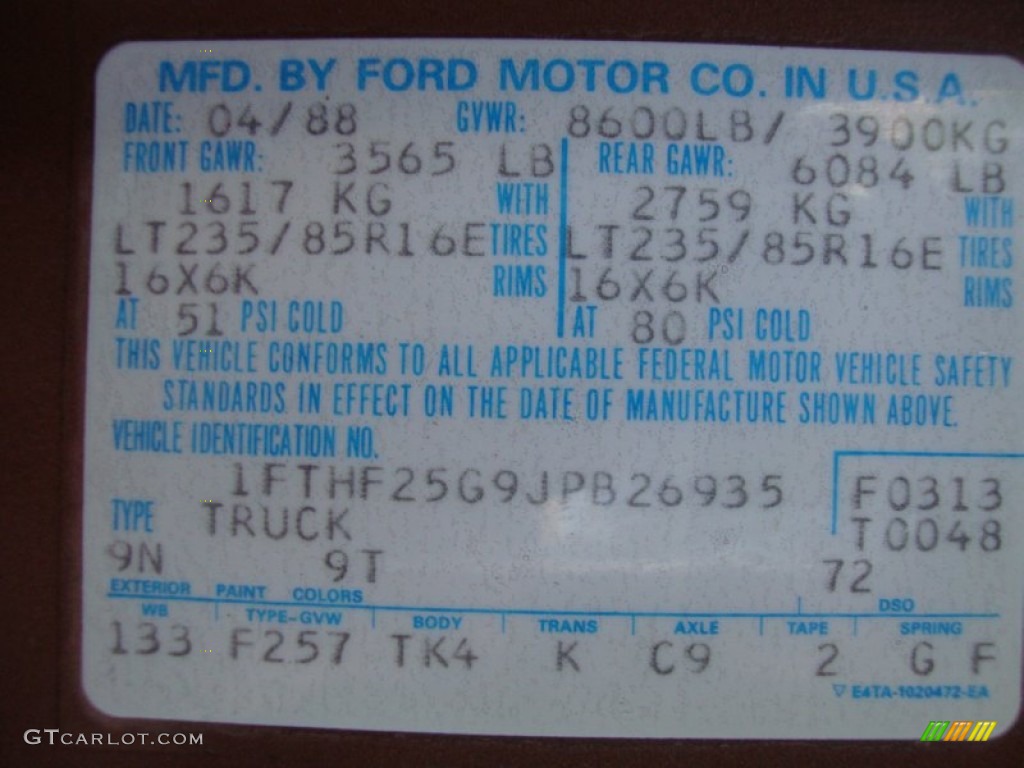 1988 Ford F250 XLT Lariat Regular Cab Color Code Photos