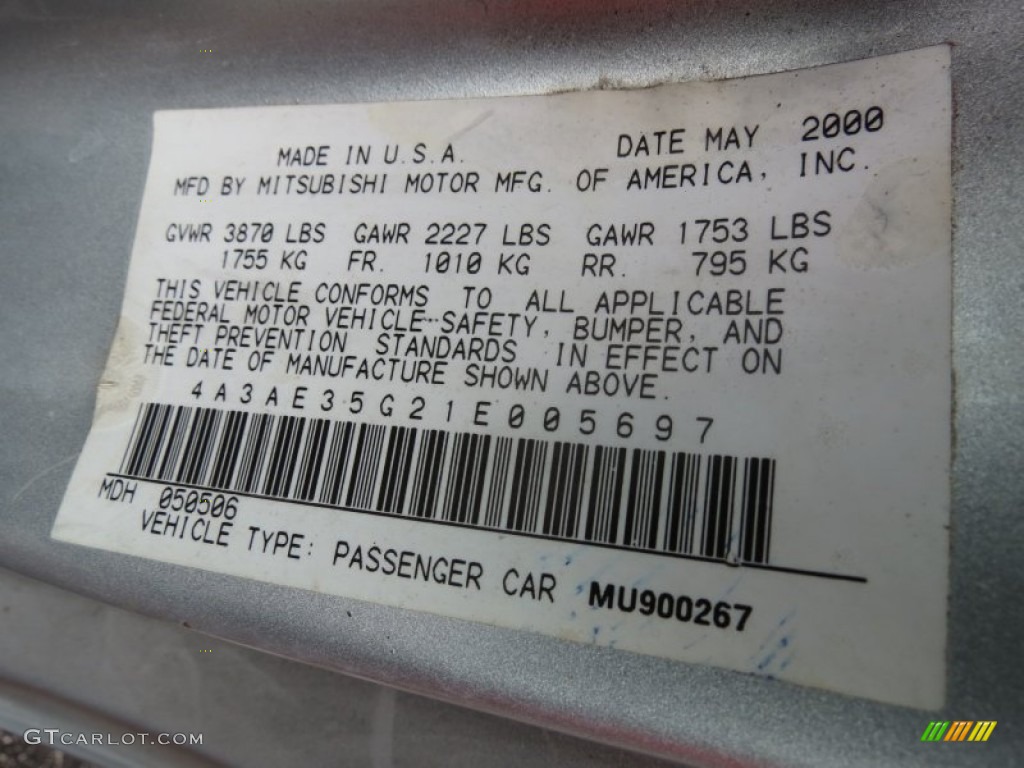 2001 Mitsubishi Eclipse Spyder GS Info Tag Photo #75270626