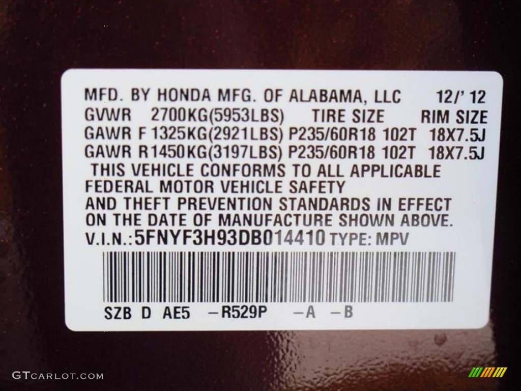 2013 Pilot Color Code R529P for Dark Cherry Pearl Photo #75303559