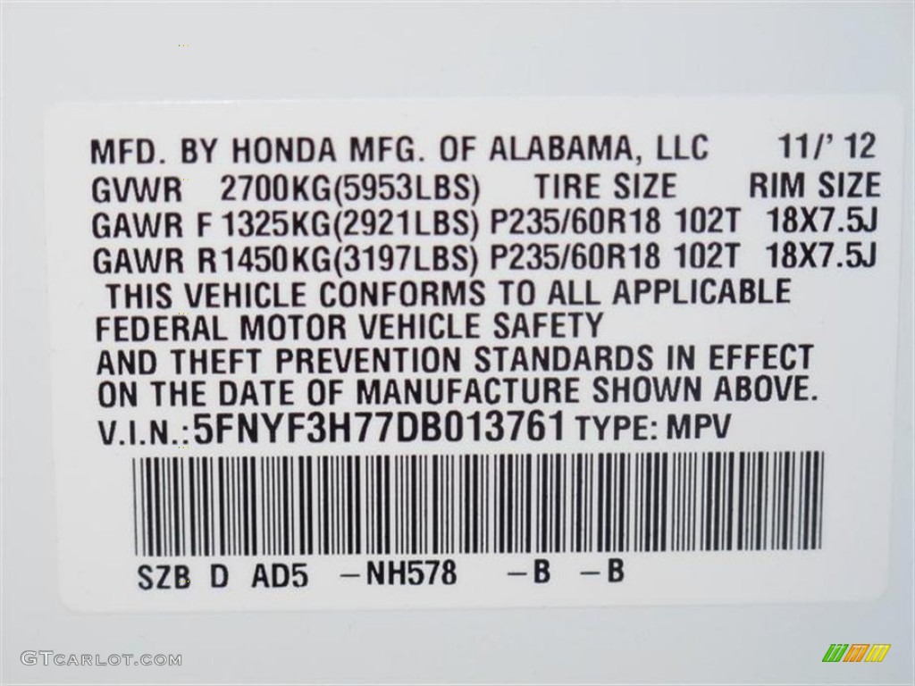 2013 Pilot Color Code NH578 for Taffeta White Photo #75303775