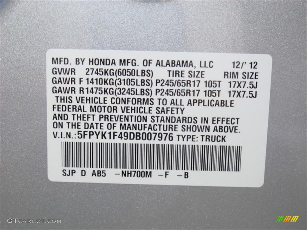 2013 Ridgeline Color Code NH700M for Alabaster Silver Metallic Photo #75304102