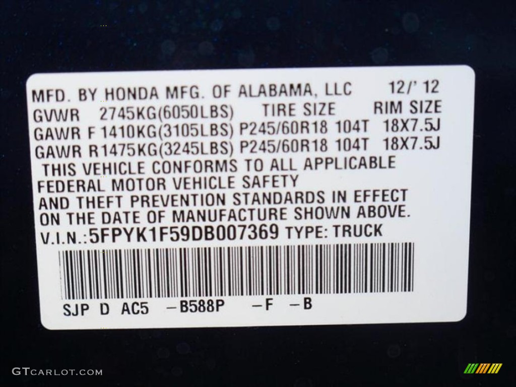 2013 Ridgeline Color Code 588P for Obsidian Blue Pearl Photo #75304272