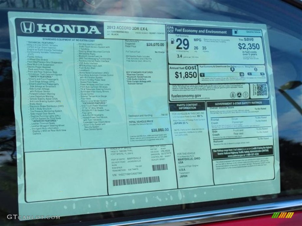 2013 Honda Accord EX-L Coupe Window Sticker Photo #75304906