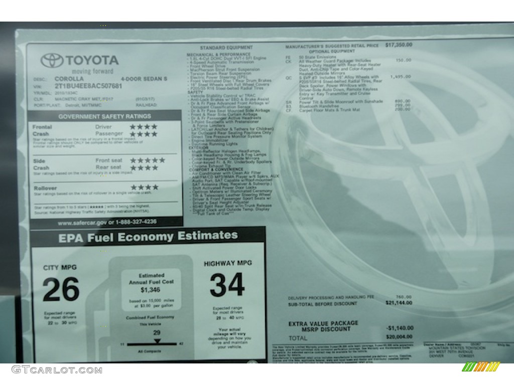 2010 Toyota Corolla S Window Sticker Photos