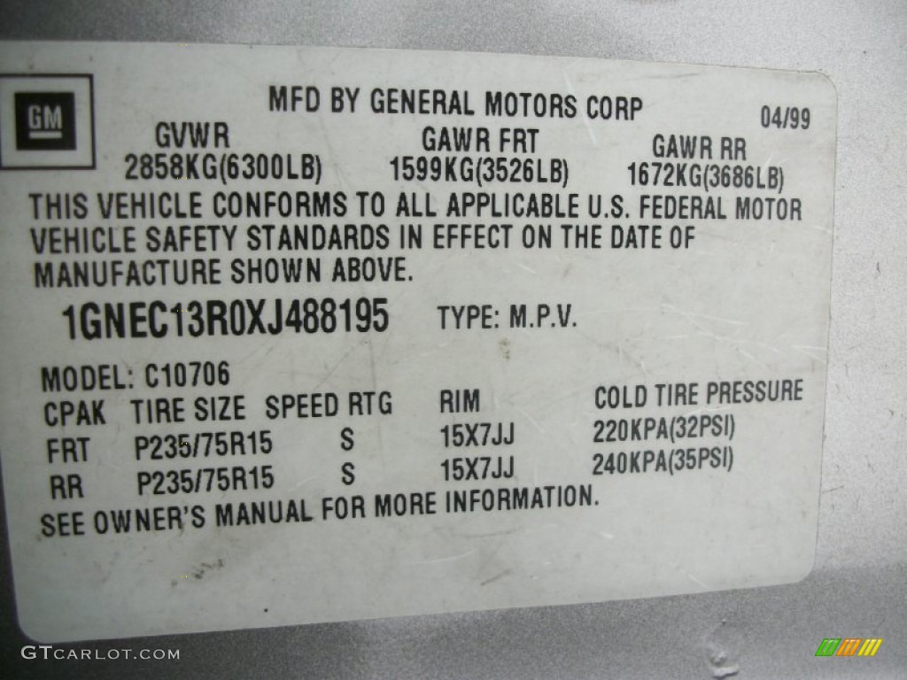 1999 Chevrolet Tahoe LS Info Tag Photo #75314862