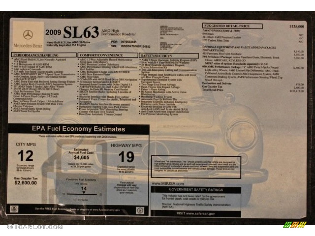 2009 Mercedes-Benz SL 63 AMG Roadster Window Sticker Photo #75317953